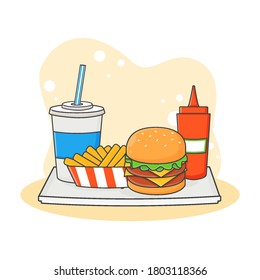 Cute Soft Drink, Burger, French Fries and Sauce icon illustration. Fast food icon concept isolated . Flat cartoon style Premium Vector