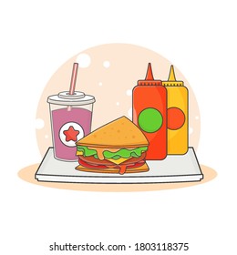 Cute Soft Drink, Sandwich, Ketchup Sauce and Mustard icon illustration. Fast food icon concept isolated . Flat cartoon style Premium Vector