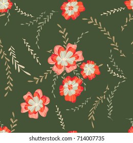Cute soft floral seamless pattern. Red flowers. Vector background for textile or book covers, wallpapers, design, graphic art, printing, hobby, invitation.