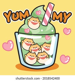 Cute soft ice cream with shiba inu dog bubble on yellow background.Yummy text.Animal character design.Image for kid product,sticker,shirt print,wallpaper,card.Isolated.Art.Kawaii.Vector.Illustration.