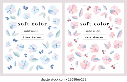 Cute and soft illustration card with flowers, plants, butterflies and cherries. Minimal graphic handmade drawing cover in six pastel tone colors.