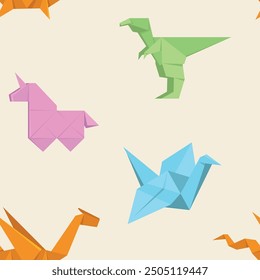 Cute soft origami fantasy magical seamless pattern. Texture for fabric, wallpaper, decorative print flat vector illustration in cream background. unicorn, dino, trex, crane, dragon