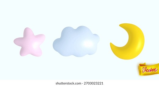 Cute soft pastel star, cloud and moon vector icons. Gentle baby-style elements perfect for nursery prints, kids designs, stickers, wallpapers and adorable branding projects