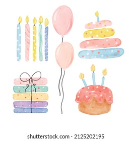 cute soft pastel watercolor party cake and candles hand drawn watercolour vector set