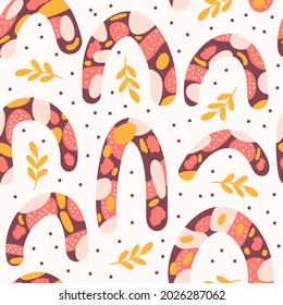 Cute soft pattern with rainbow baby boho style. Pastel colors Seamless pattern, colorful with doodles, rainbows and leaves, Vector illustration on a light background
