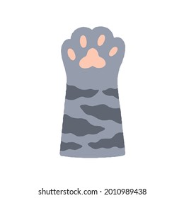 Cute soft paw of adorable tabby cat with pink pads, drawn in doodle style. Kitty hand raised up, gesturing hi. Feline animal foot. Colored flat vector illustration isolated on white background