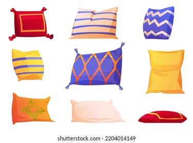 Cute soft pillows for bed and sofa. Square and rectangular cushions for sleep, rest and bedroom decoration. Comfy color decorative pillows isolated on white background, vector cartoon set