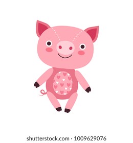 Cute soft pink piggy plush toy, stuffed cartoon animal vector Illustration