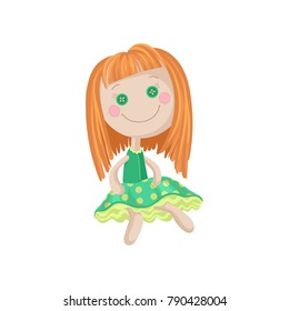 Cute soft redhead doll in a green dress, sewing toy cartoon vector Illustration