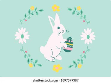 Cute soft retro vintage flat illustration of white rabbit with green painted chocolate egg. Easter bunny in floral ornament for nursery design and families with children