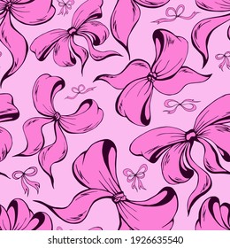 Cute soft romantic bowknots seamless pattern. Pretty flat bows abstract endless texture for fabric, textile, cosmetics, package, stationery, wrapping paper, background. Cheerful festive doodle design.