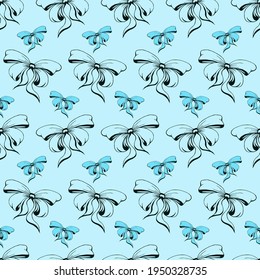 Cute soft romantic bowknots seamless pattern. Pretty flat bows abstract endless texture for fabric, textile, cosmetics, package, stationery, wrapping paper, background. Cheerful festive doodle design.
