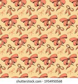 Geräumige romantische Bowknots sorgen für ein nahtloses Muster. Hübsche flache Bogen abstrakte endlose Textur für Gewebe, Textilien, Kosmetik, Paket, Schreibwaren, Packpapier, Hintergrund. Fröhliches festliches Doodle-Design.