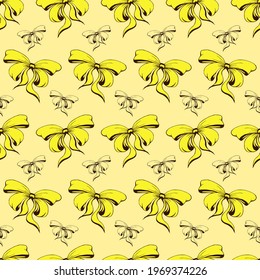 Cute soft romantic bowknots seamless pattern. Pretty flat bows abstract endless texture for fabric, textile, cosmetics, package, stationery, wrapping paper, background. Cheerful festive doodle design.