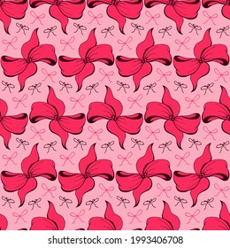 Cute soft romantic bowknots seamless pattern. Pretty flat bows abstract endless texture for fabric, textile, cosmetics, package, stationery, wrapping paper, background. Cheerful festive doodle design.