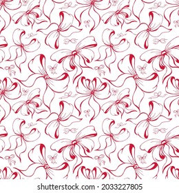 Cute soft romantic bowknots seamless pattern. Pretty flat bows abstract endless texture for fabric, textile, cosmetics, package, stationery, wrapping paper, background. Cheerful festive doodle design.