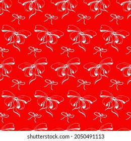 Cute soft romantic bowknots seamless pattern. Pretty flat bows abstract endless texture for fabric, textile, cosmetics, package, stationery, wrapping paper, background. Cheerful festive doodle design.