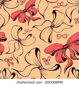 Cute soft romantic bowknots seamless pattern. Pretty flat bows abstract endless texture for fabric, textile, cosmetics, package, stationery, wrapping paper, background. Cheerful festive doodle design.