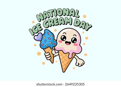 Desenho animado suave do sorvete do serviço suave no estilo kawaii para o emblema do vetor do dia do sorvete nacional ou arte do evento das crianças
