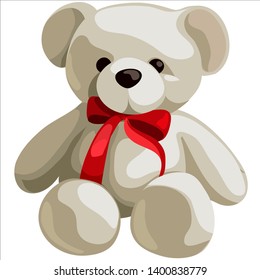 Cute soft teddy bear with red ribbon bow isolated on white background. Vector cartoon close-up illustration.