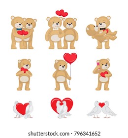 Cute soft toy bears that hold hands and kiss and white doves couples in love with red hearts isolated cartoon vector illustrations for valentines day.