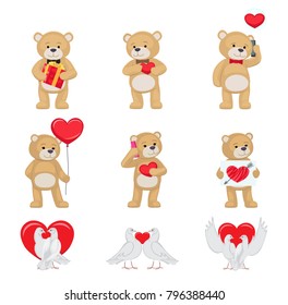 Cute soft toy bears that hold hands and kiss and white doves couples in love with red hearts isolated cartoon vector illustrations for valentines day.