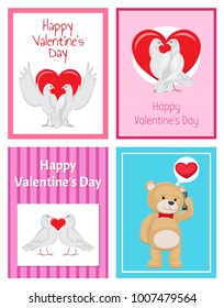 Cute soft toy bears and white doves couples in love with red hearts isolated cartoon banners vector illustrations for valentines day.