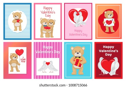 Cute soft toy bears and white doves couples in love with red hearts isolated cartoon banners vector illustrations for valentines day.