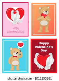 Cute soft toy bears and white doves couples in love with red hearts isolated cartoon banners vector illustrations for valentines day.