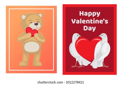 Cute soft toy bears and white doves couples in love with red hearts isolated cartoon banners vector illustrations for valentines day.