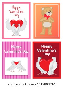 Cute soft toy bears and white doves couples in love with red hearts isolated cartoon banners vector illustrations for valentines day.