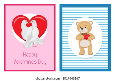 Cute soft toy bears and white doves couples in love with red hearts isolated cartoon banners vector illustrations for valentines day.