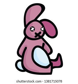 Cute soft toy rabbit vector illustration motif set. Hand drawn isolated domestic cuddly toy elements clipart for interior blog, cozy graphic, childhood bunny web buttons.