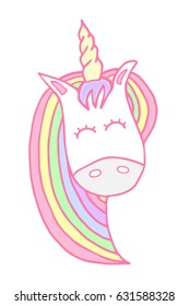 Cute and soft unicorn's head. Vector illustration doodle drawing, happy unicorn in light pastel baby colors. 