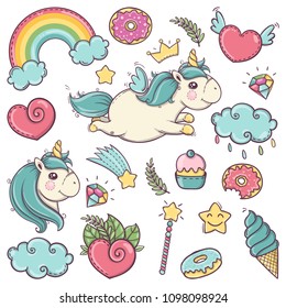 Cute soft unicorns set of wonderful magical elements with candies and treasures.