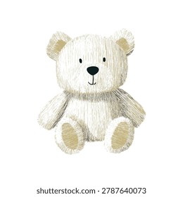 A cute soft white teddy bear with a black nose and stitched details