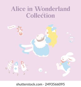 Cute soft wonderland flat vector collection in pink background. drink me potion, bread, rabbit, bunny, alice, card soldier, bubbles