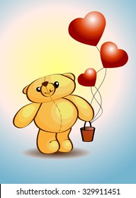 Cute soft yellow teddy bear toy with red heart-shaped balloons in his hand and little sand bucket. Valentine's greeting card. Warm shining light on background. Vector illustration.