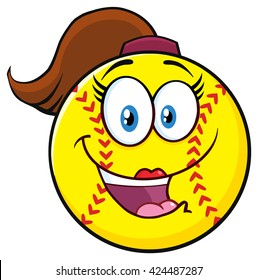 Cute Softball Girl Cartoon Character. Vector Illustration Isolated On White Background