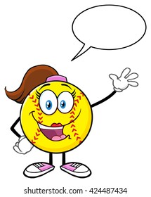 Cute Softball Girl Cartoon Character Waving For Greeting With Speech Bubble. Vector Illustration Isolated On White Background