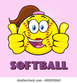 Cute Softball Girl Cartoon Character Giving A Double Thumbs Up. Vector Illustration With Pink Halftone Background And Text Softball

