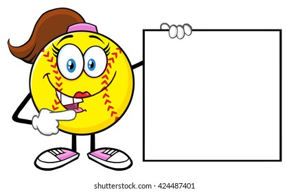 Cute Softball Girl Cartoon Mascot Character Pointing To A Blank Sign. Vector Illustration Isolated On White Background