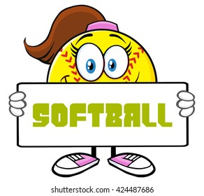 Cute Softball Girl Cartoon Mascot Character Holding A Sign. Vector Illustration With Text Softball Isolated On White Background