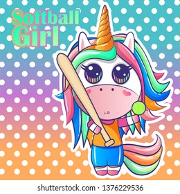 cute softball unicorn cartoon. Can be used for baby t-shirt print, fashion print design, kids wear, baby shower celebration greeting and invitation card. - Vector