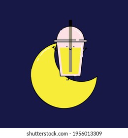 Cute softdrink on crescent moon Illustration. junk food. fast food. modern simple food vector icon, flat graphic symbol in trendy flat design style. wallpaper. lockscreen. pattern. frame. children.