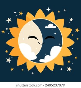 Diseño de concepto de eclipse solar para niños. Luna sonriente y fondo solar con estrellas. 