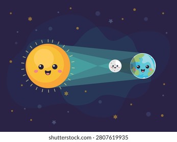 Cute Solar Eclipse Concept with Personified Sun, Moon, and Earth Characters