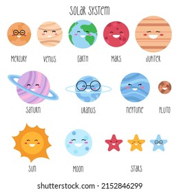 Cute solar system elements. Kawaii  stickers, icons, infographic for kids. Vector illustration for children isolated on a white background.