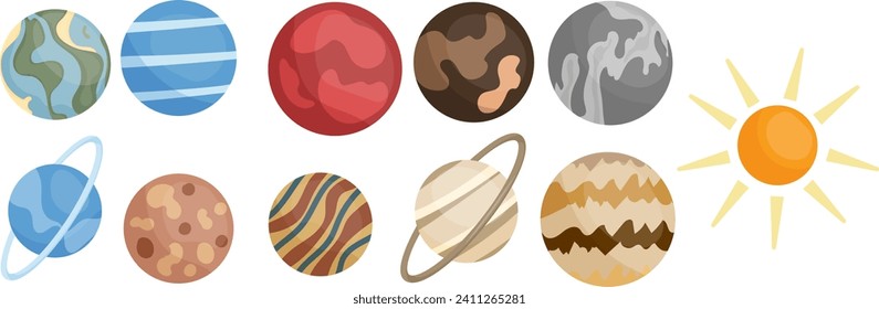 Cute Solar System planets set. Moon, Sun and other planets illustration. Vector giants Jupiter and Saturn, Uranus, Neptune, Pluto, Mercury, Venus and Earth, Mars cliparts