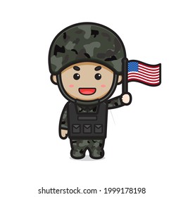 Cute soldier character celebrate america independence day cartoon icon vector illustration. Design isolated on white. Flat cartoon style.